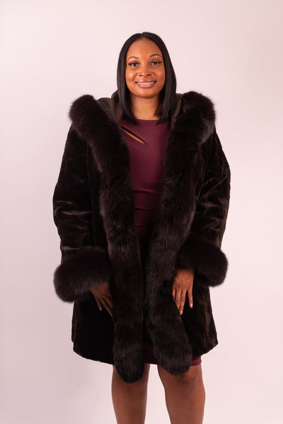 Rippe's Furs Reversible Diamond Sheared Hooded Mink Fur Stroller with Fox Fur Trim - Brown