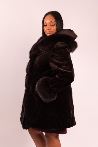 Rippe's Furs Reversible Diamond Sheared Hooded Mink Fur Stroller with Fox Fur Trim - Brown
