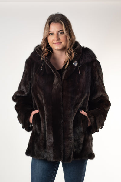 Rippe's Furs Mink Fur Jacket with Detachable Fox Fur Trim Hood - Mahogany BR-MAHAGAN / 12