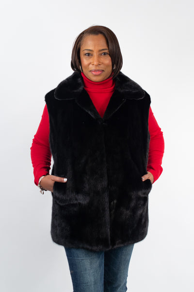 Rippe's Furs 28" Leather Reversible Long Hair Female Mink Fur Vest - Black