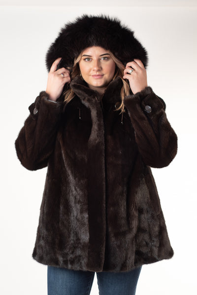 Rippe's Furs Mink Fur Jacket with Detachable Fox Fur Trim Hood - Mahogany