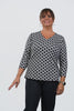 Image of Lulu-B V-Neck Geometric Print 3/4 Sleeve Top - Black/White/Beige