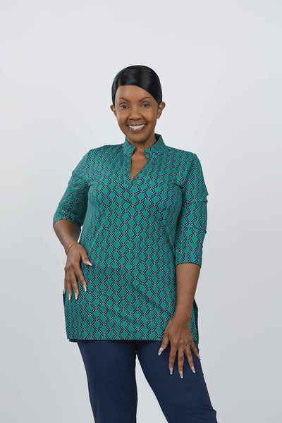 Lulu-B Geometric Print Button V-Neck Tunic - Green/Navy