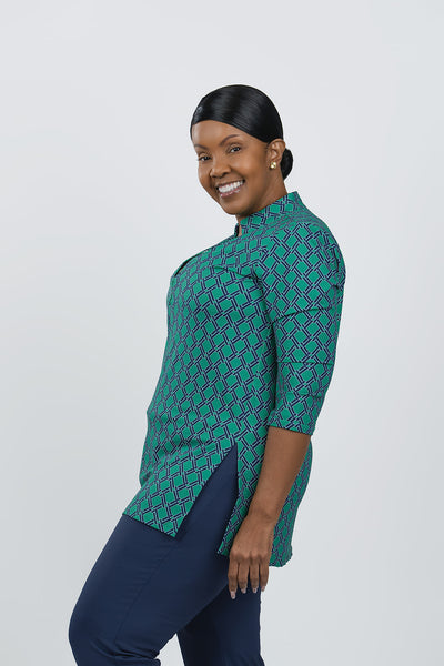Lulu-B Geometric Print Button V-Neck Tunic - Green/Navy