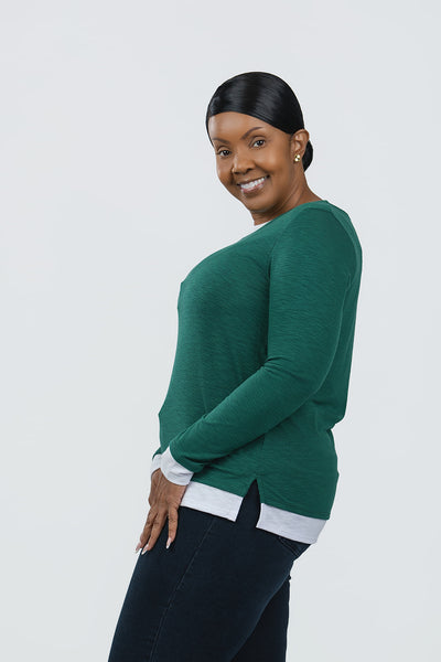 Nally & Millie Contrast Accented Long Sleeve Crew Neck Top - Forest Green