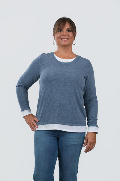 Nally & Millie Contrast Accented Long Sleeve Crew Neck Top - Seaport Blue