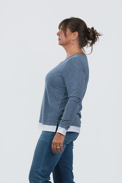 Nally & Millie Contrast Accented Long Sleeve Crew Neck Top - Seaport Blue