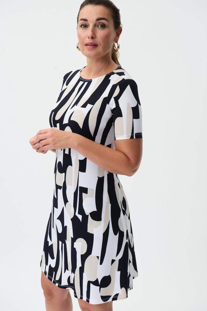 Joseph Ribkoff Short Sleeve Geometric Print A-Line Dress - Vanilla/Multicolor