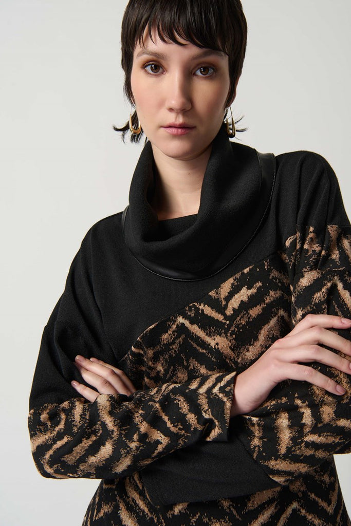 Joseph Ribkoff Vegan Leather Trim Cowl Neck Asymmetric Animal Print Dolman Sleeve Sweater - Black/Beige