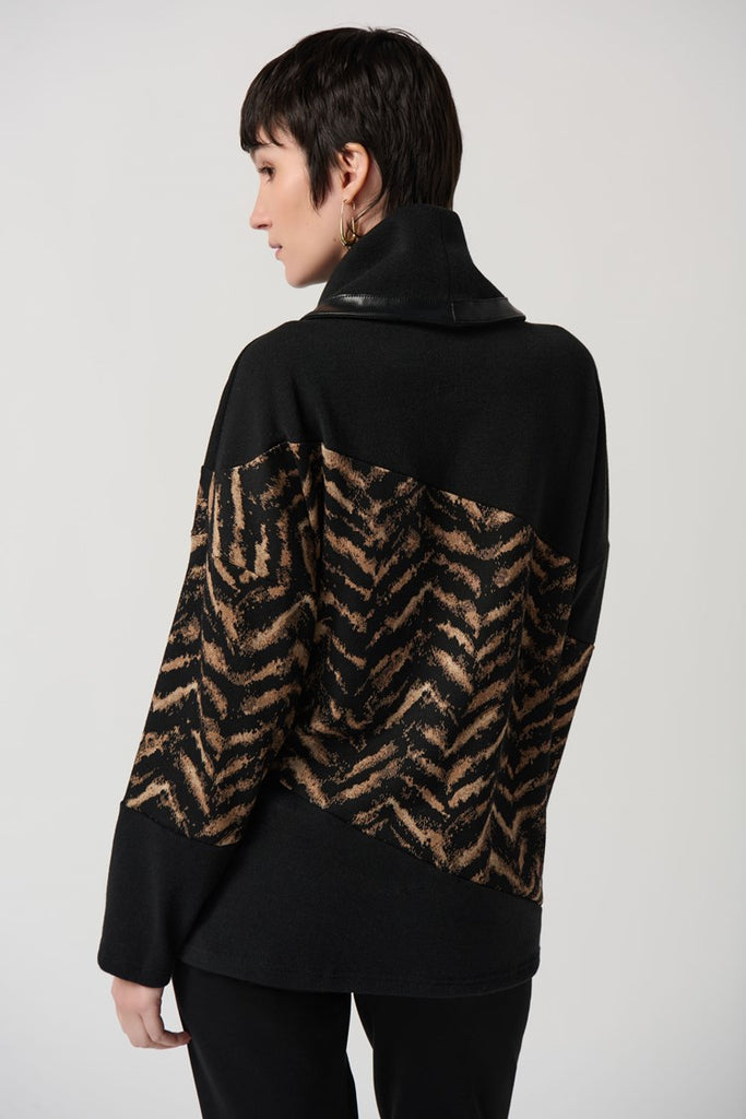 Joseph Ribkoff Vegan Leather Trim Cowl Neck Asymmetric Animal Print Dolman Sleeve Sweater - Black/Beige