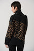 Image of Joseph Ribkoff Vegan Leather Trim Cowl Neck Asymmetric Animal Print Dolman Sleeve Sweater - Black/Beige