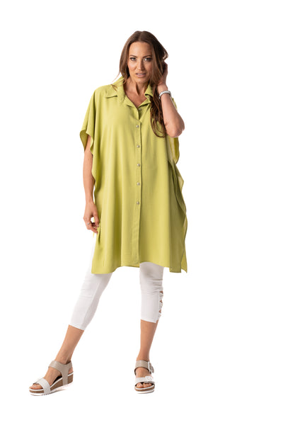 Pure Essence Short Sleeve Button Front Kaftan Blouse - Chartreuse