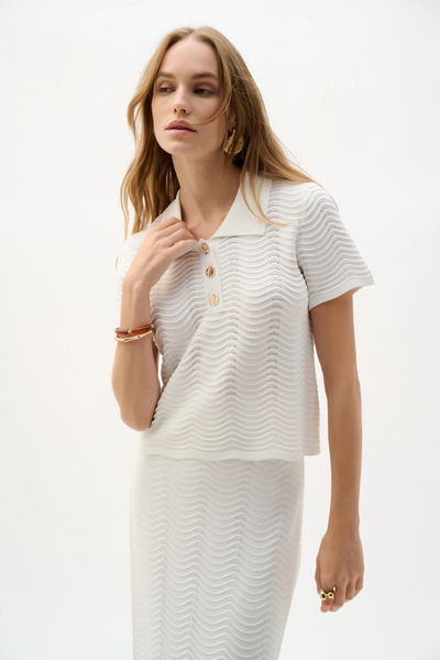 Joseph Ribkoff Textured Knit Short Sleeve Polo Top With Gold Buttons - Vanilla