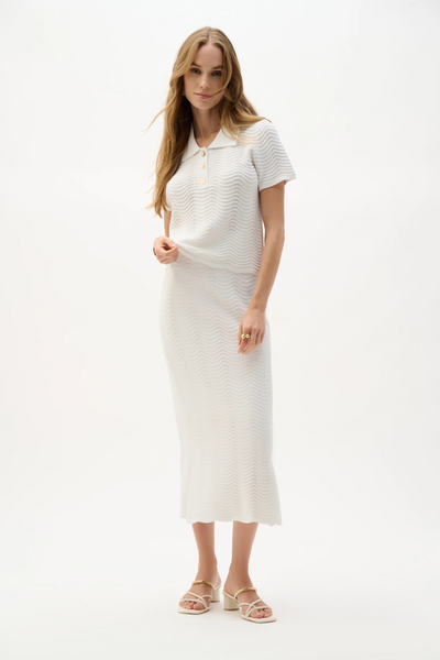 Joseph Ribkoff Textured Knit Short Sleeve Polo Top With Gold Buttons - Vanilla