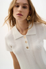 Image of Joseph Ribkoff Textured Knit Short Sleeve Polo Top With Gold Buttons - Vanilla