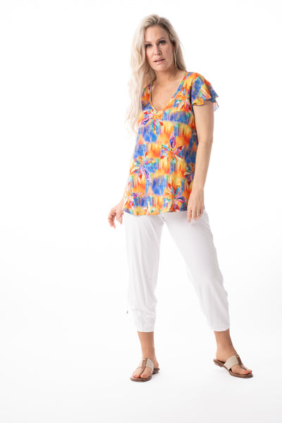 Pure Essence Sunset Floral Print Ruffle Sleeve V-Neck Top - Multicolor