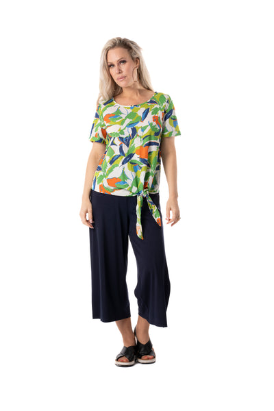 Pure Essence Leaf Print Short Sleeve Side Tie Top - Green/Multicolor