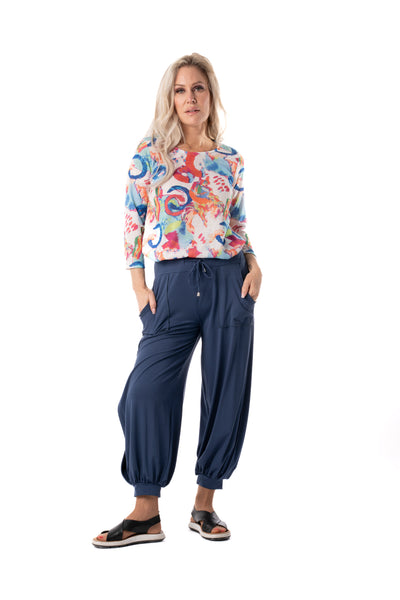 Pure Essence Abstract Print 3/4 Sleeve Round Neck Lightweight Sweater Knit Top - Multicolor