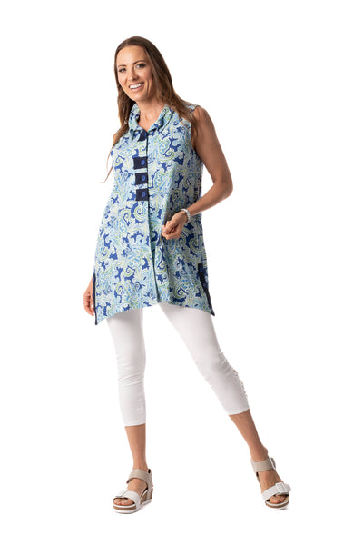 Pure Essence Sleeveless Button Neck Paisley Print Tunic - Blue/Sage