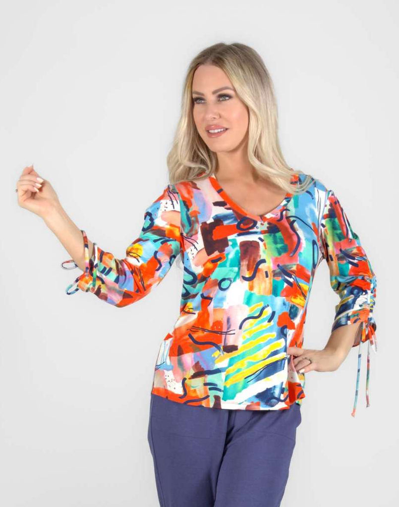 Pure Essence Abstract Print Cinch Sleeve V-Neck Top - Multicolor