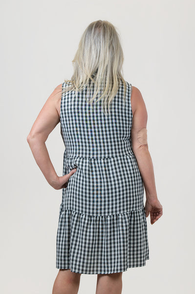 Steven Guy Sleeveless Half Button Front Closure Tiered Gingham Dress - Black/White