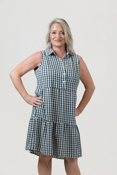 Steven Guy Sleeveless Half Button Front Closure Tiered Gingham Dress - Black/White