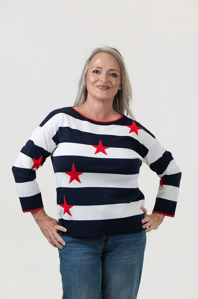 Steven Guy 3/4 Sleeve Lightweight Striped Sweater with Stars - Navy/White/Red