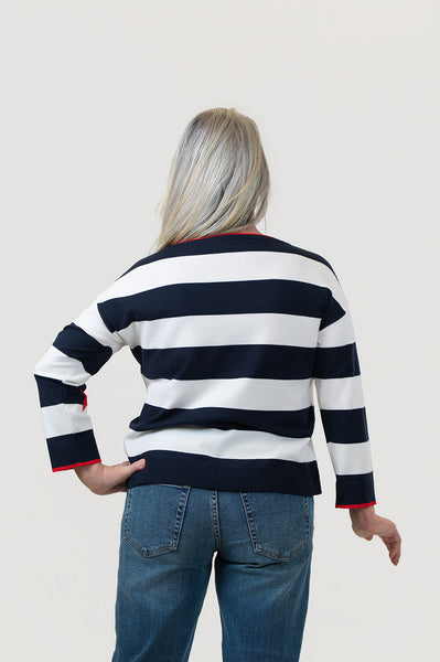 Steven Guy 3/4 Sleeve Lightweight Striped Sweater with Stars - Navy/White/Red