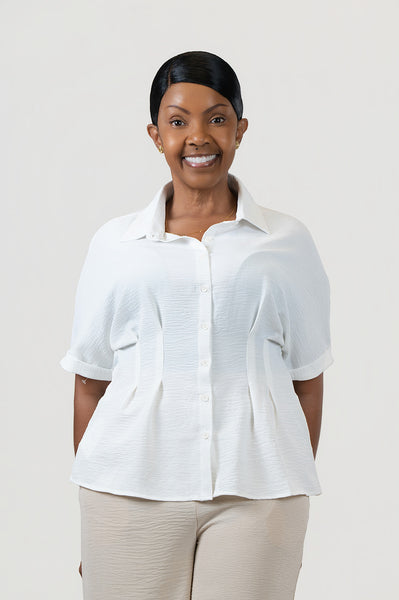 Steven Guy Short Sleeve Button Front Fit & Flare Airflow Blouse - Marshmallow