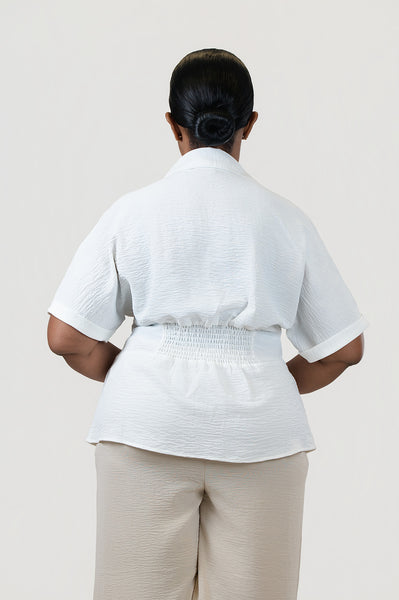 Steven Guy Short Sleeve Button Front Fit & Flare Airflow Blouse - Marshmallow
