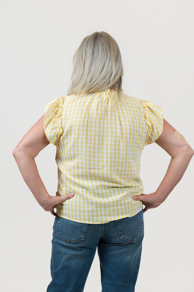 Steven Guy Ruffled Cap Sleeve Tie-Front Gingham Top - Yellow/White