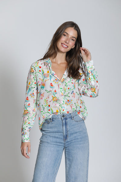 APNY Apparel Button Front Long Sleeve Floral Print Blouse - White/Multicolor