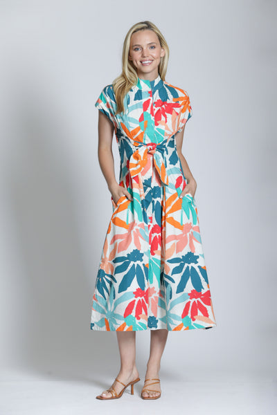 APNY Apparel Short Sleeve Tie Front Floral Print Dress - White/Multicolor