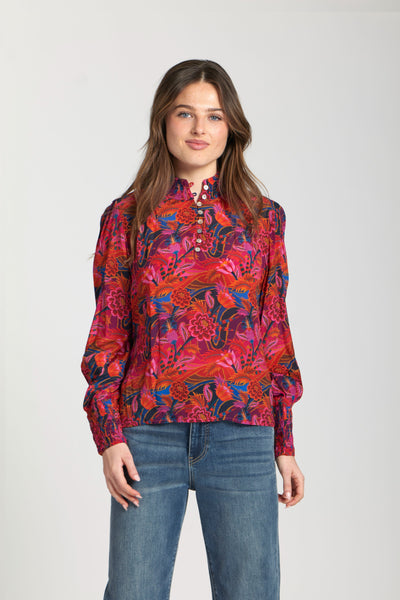 APNY Apparel Floral Print Long Sleeve Button Detail Mock Neck Top - Multicolor