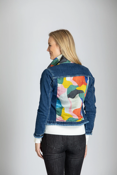 APNY Apparel Frayed Trim Jean Jacket with Abstract Print Back - Indigo