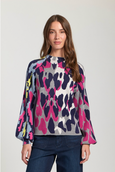 APNY Apparel Abstract Animal Print Funnel Neck Balloon Sleeve Sweater - Navy/Multicolor