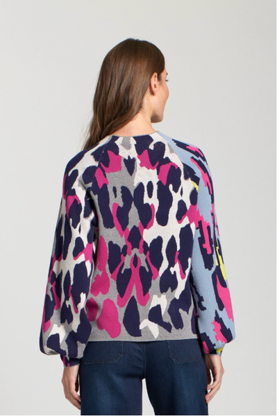 APNY Apparel Abstract Animal Print Funnel Neck Balloon Sleeve Sweater - Navy/Multicolor