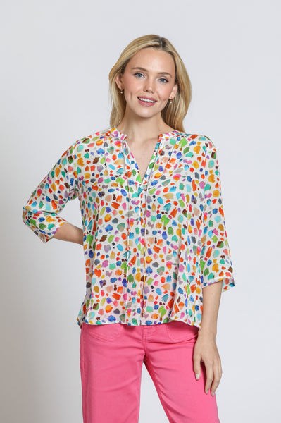 APNY Apparel Summer Vibes Print V-Neck Tassel Detail Top - White/Multicolor
