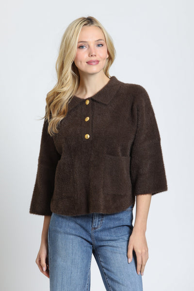 APNY Apparel Eyelash Knit Pocket Polo Sweater - Chocolate Brown