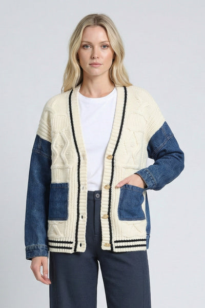 APNY Apparel Mixed Media Cable Knit Cardigan - Indigo/Cream