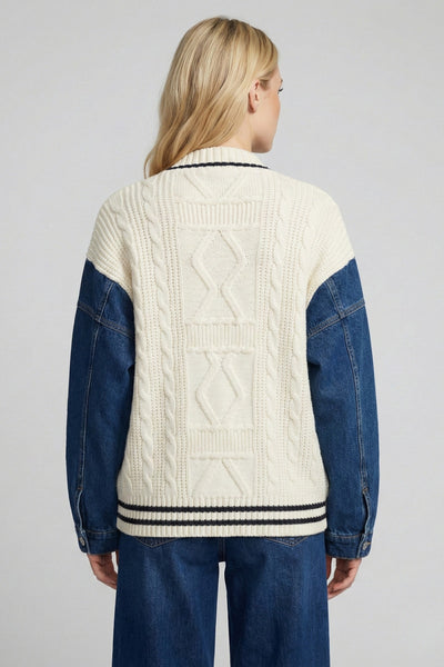 APNY Apparel Mixed Media Cable Knit Cardigan - Indigo/Cream