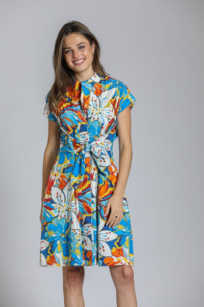 APNY Apparel Short Sleeve Tie Front Abstract Floral Print Dress - Multicolor