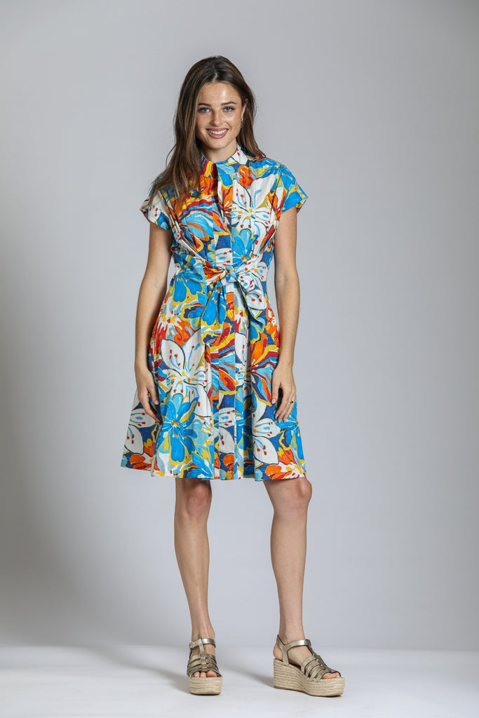 APNY Apparel Short Sleeve Tie Front Abstract Floral Print Dress - Multicolor