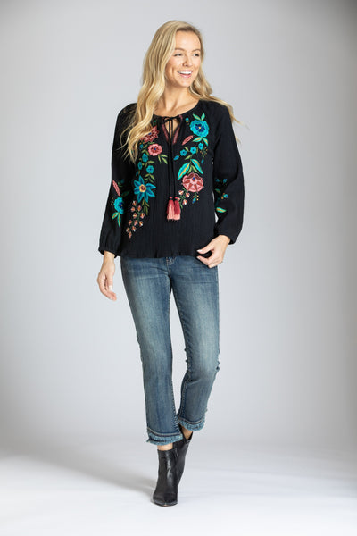 APNY Apparel Embroidered V-Neck Tassel Tie Blouse - Multicolor *Take an EXTRA 1/2 Off*