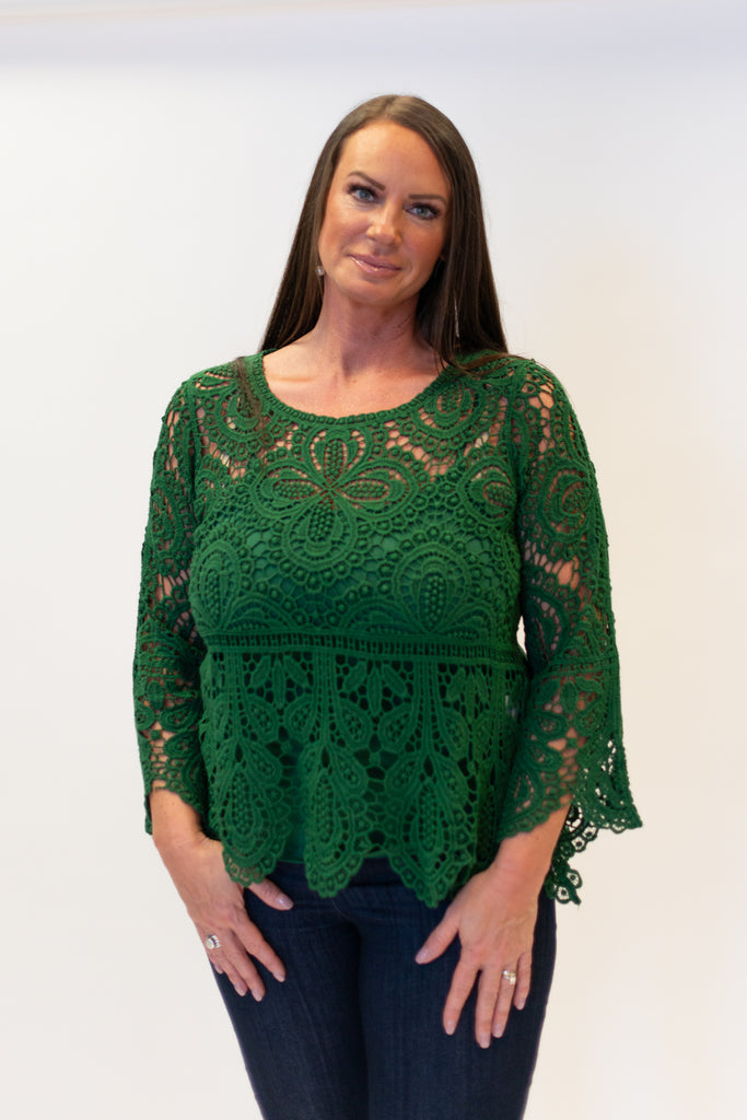 AZI Crochet Lace Bell Sleeve Top - Green