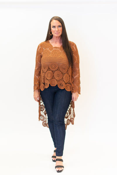 AZI Hi/Low Crochet Lace Bell Sleeve Tunic - Cognac