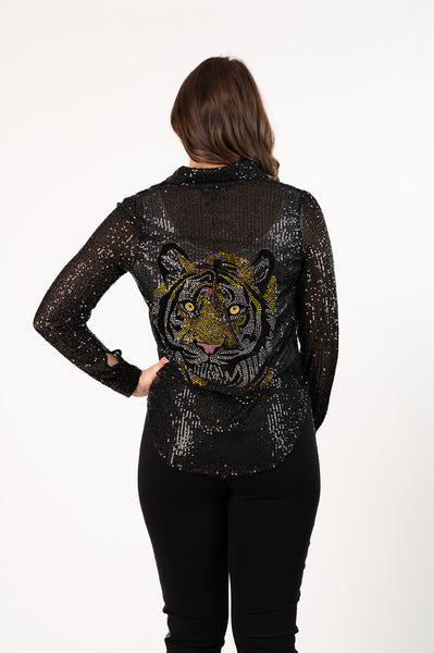 AZI Sequined Tiger Detail Blouse - Black