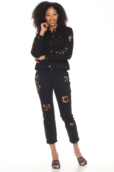 AZI Embellished Animal Print Patchwork Jean - Black