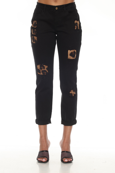 AZI Embellished Animal Print Patchwork Jean - Black