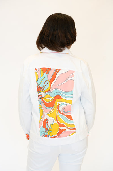 AZI Linda Print Back Denim Jacket - White/Orange